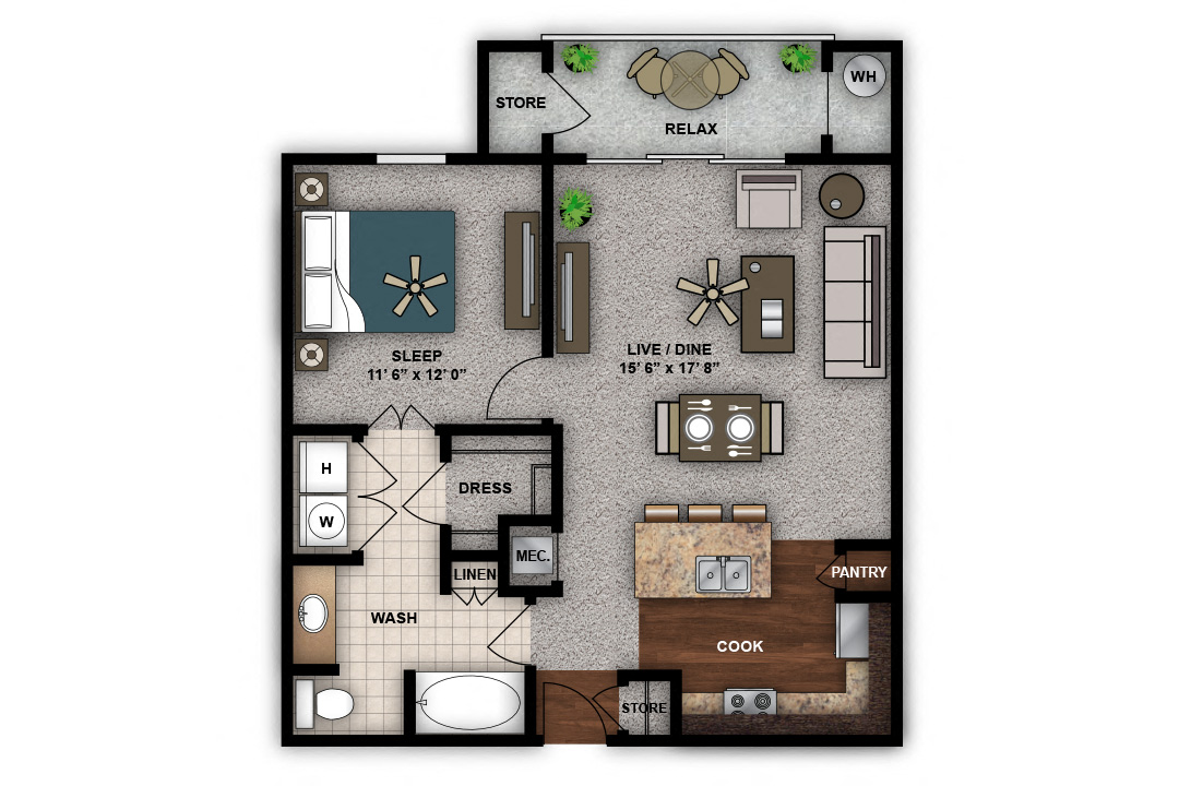 Floor plan for 1 bed, 1 bath, 756 sqft